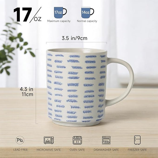 Coffee Mugs Set of 6, 17oz Ceramic Mugs with Handpainted Blue Gray Stripe Pattern, Modern Stackable Coffee Cups, Dishwasher and Microwave Safe Mugs for Home & Office