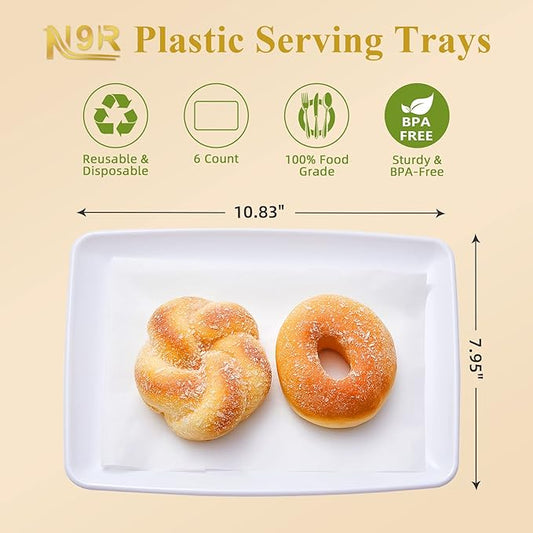 N9R 10Pcs White Plastic Serving Trays,11" x 8" Rectangle Heavy Duty Serving Platters with 10Pcs Butcher Paper,Perfect for Party,Wedding,Birthday