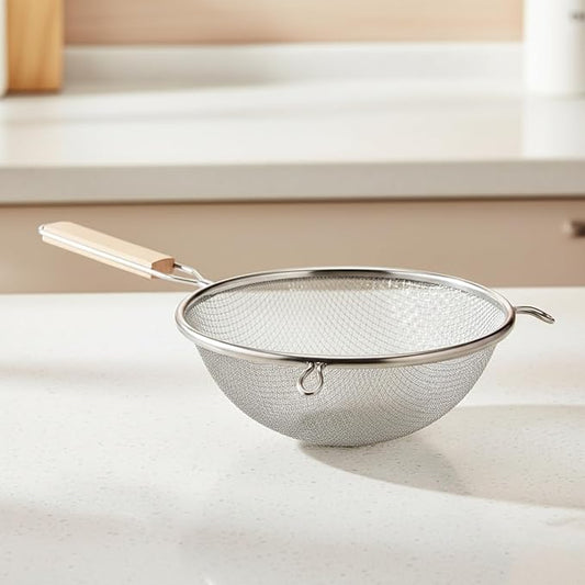 Strainer 8-Inch Diameter Medium Stainless Steel Fine Mesh Single Mesh Tan Handle Silver Sieve Kitchen Cooking Food Filter Handheld Multipurpose Strainer