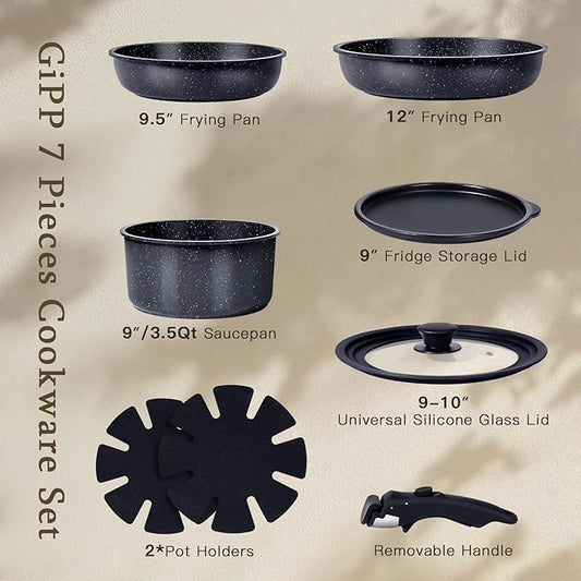 GiPP Ceramic Pots and Pans Set Non Stick, Nonstick Detachable Handle Cookware Sets, Healthy Non Toxic PFAS PFOA & PTFE Free, Dishwasher &Oven Safe, Induction Kitchen Pot and Pan, 8 Piece Grey