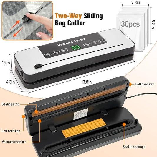 Vacuum Sealer Machine for Food with 30 Storage Bags, Built-in Cutter, 6-in-1 Automatic Sealing Machine for Seal a Meal, Wet & Dry Food Prep, Compact Heat Sealer for Freezer Preservation
