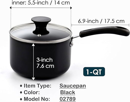 Cook N Home Nonstick Sauce Pan with Glass Lid, 1-Quart Saucepan Non Stick Small Cooking Milk Aluminum Pot, Black
