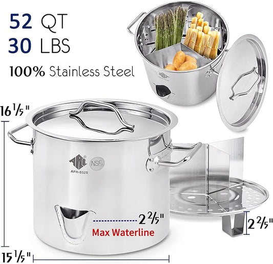 ARC 52-Quart Stainless Steel Tamale Steamer Pot w/Easy-fill Water Spout, Seafood Crab Steam with Divider and Steamer Rack, 13 Gallon