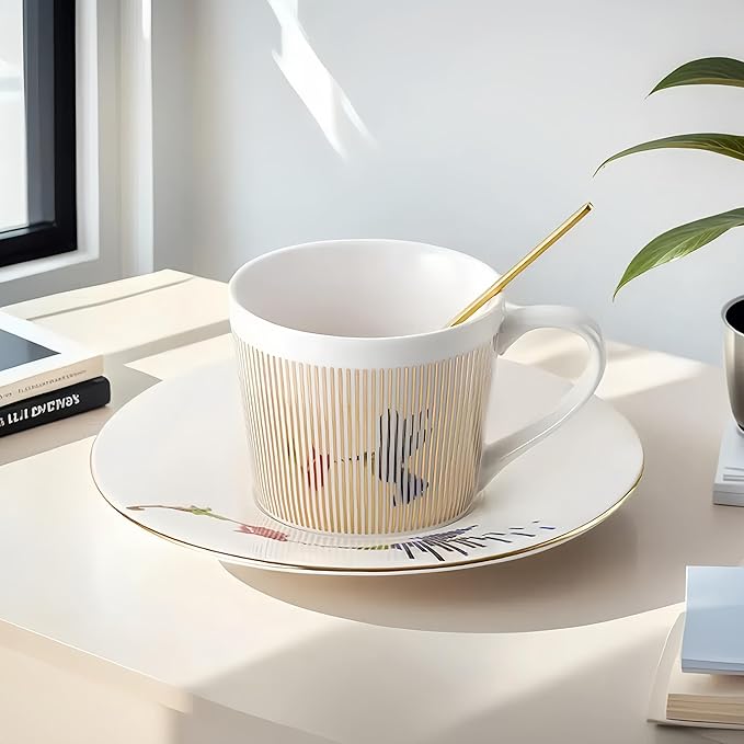 Old Craftsmen's Coffee Cup and Saucer Sets 8.45oz Unique Dynamic Mirage Reflection Tea Cup Luxury Porcelain Mirror Ceramic Mug Gifts for Cappuccino Espresso 250ml Hummingbird