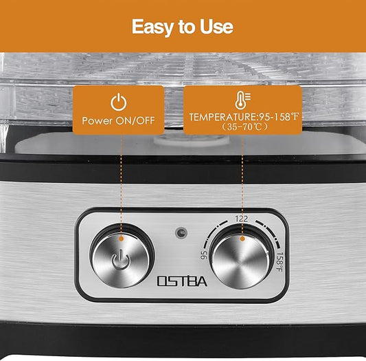 OSTBA Food Dehydrator, Dehydrator for Food and Jerky, Fruits, Herbs, Veggies, Temperature Control Electric Food Dryer Machine, 5 BPA-Free Trays Dishwasher Safe, 240W, Recipe Book Included
