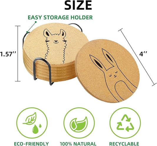 Coasters for Drinks with Holder Set of 6, Cute Animals Coaster Bulk for House Warming Gifts for New Home Couples Absorbent Cork Wood Cup Desk Coffee Table Office Kitchen Decor, Round 4"