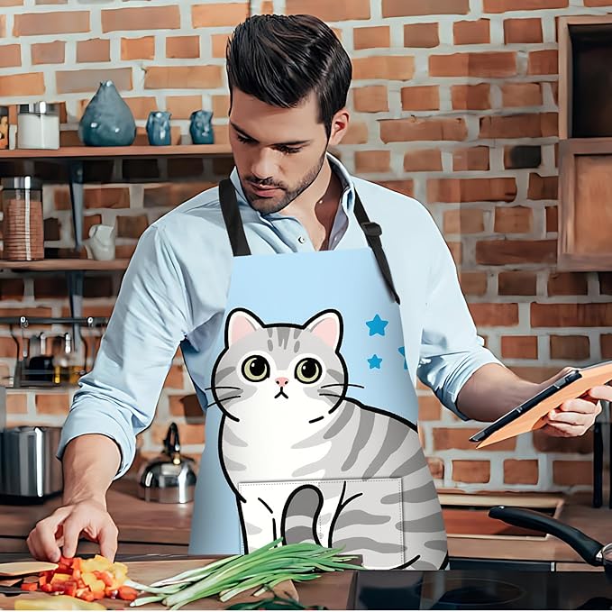 Funny Cat Apron with 2 Pockets Waterproof for Men Women Kitchen Garden Decor
