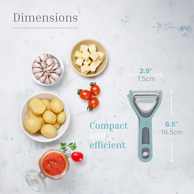 3 in 1 Vegetable Peeler – Julienne Slicer with Bottle Opener and Built-in Eye Remover – Stainless Steel Blade with Comfortable Handle – Potato, Cabbage, and Carrot Peeler for Kitchen – Pastel Blue