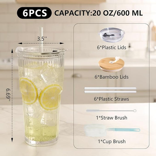 Ruckae 20oz Glass Bottles with Lids,Glass Cups with Lids and Straws,Water Bottle Drinking Glasses for Coffee,Smoothies,Tea,Juice (6, Transparent)