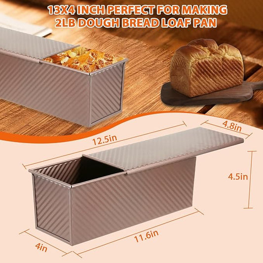 AVSQUINE Non-Stick Pullman Loaf Pan with Lid 13x4 Inch - 2.2lb Carbon Steel Bread Baking Pan with 4 Vent Holes, Heavy Duty Sourdough Loaf Pan with Cover for Homemade Sandwich Bread (Gold)