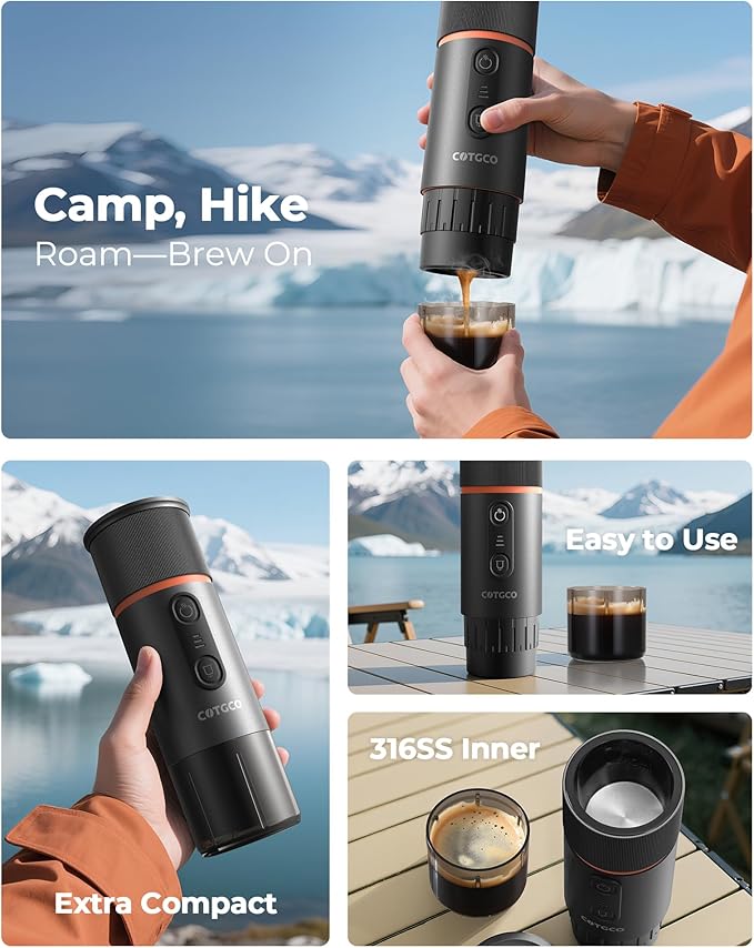 COTGCO Portable Espresso Coffee Maker, Travel Coffee Maker for Camping, 20 Bar Self‑Heating Rechargeable with USB-C, with NS Capsule for Car/Travel/Camping