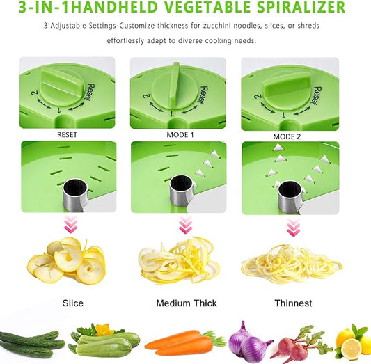 Handheld Low-Carb Spiralizer,3-in-1 Veggie Noodle Maker for Zucchini, Carrots & More, Compact Design for Small Kitchens, Rust-Resistant Stainless Steel Blades(Green)