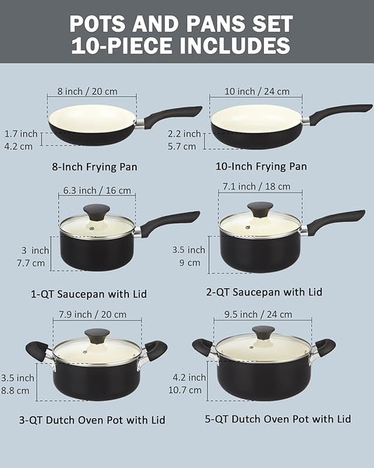 Cook N Home Pots And Pans Set Nonstick, 10 Piece Ceramic Cookware Sets, Kitchen Non Stick Cooking Set With Saucepans, Frying Pans, Dutch Oven Pot With Lids, Black
