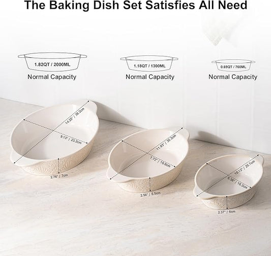 Dafuceramic Casserole Dishes for Oven Sets of 3, Ceramic Oval Baking Dish, Au Gratin Baking Pans with Handles for Roasting, Lasagna, Pie, Baking Meat & Vegetables (Beige White)