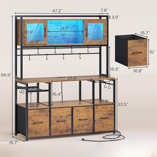 Itaar Bakers Rack with Power Outlet and LED Light, 47.2'' Microwave Stand with Storage, Kitchen Coffee Bar Cabinet with Glass Door, 4 Drawer, Wine Rack, Goblet Holder and 12 Hooks, Rustic Brown
