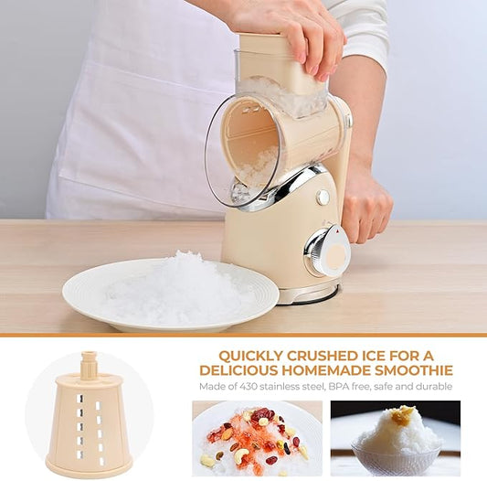 SUSTEAS Rotary Cheese Grater with Handle, Vegetable Slicer, 6 Interchangeable Blades, Reinforced Suction, Easy to Clean, Kitchen Shredder for Crushed Ice, Fruits, Nuts with Blade Storage Case, Beige