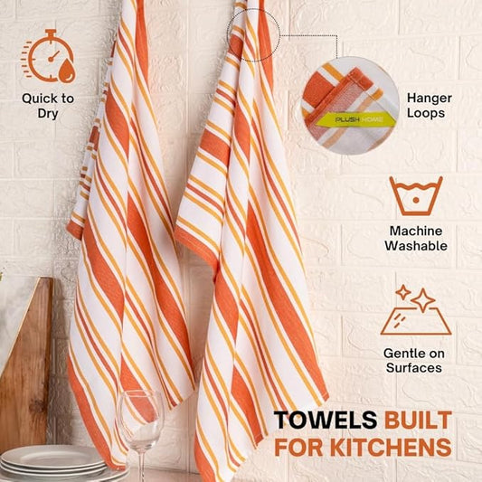 Kitchen Towel Set of 6, 100% Cotton Quick-Drying Absorbent Dish Towels & Tea Cloths, 20x30 Inch Decorative Farmhouse Towels for Kitchen, Honey Ginger,Grey & White Stripes