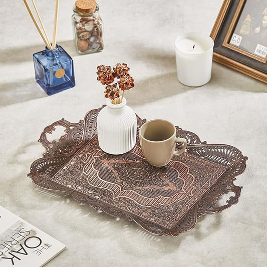 Antique Vintage Tea Coffee Serving Tray Table Home Decor Decorative Handle - Arabic Persian Turkey Fancy Rustic Farmhouse Rectangular Decorative Beverage Bar Ottoman Style Tray Traditional Unique