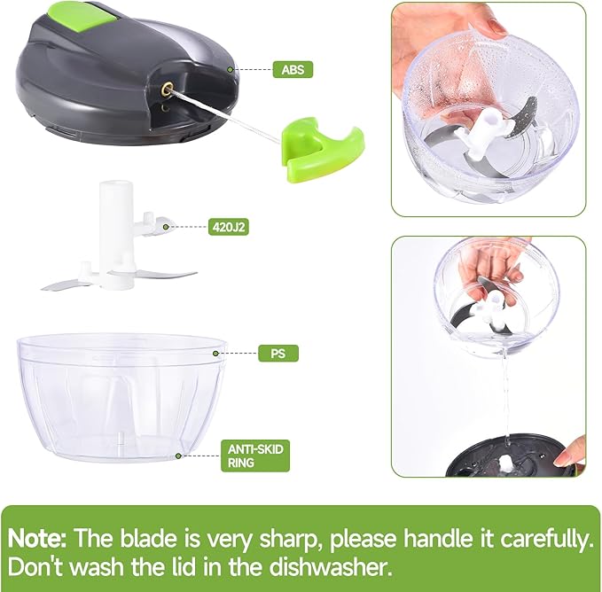 Ziweaye Manual Food Processor Vegetable Chopper, Portable Hand Pull String Garlic Mincer Onion Cutter for Veggies, Ginger, Fruits, Nuts, Herbs, etc., 500ml,(Gray-green)