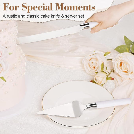 TUKDAK Cake Cutting Set for Wedding, Wood Cake Knife and Server Set, Vintage 2-Piece Pie Cake Cutter, White Pizza Dessert Utensils Bridal Anniversary Birthday Quinceañera Gift (White)
