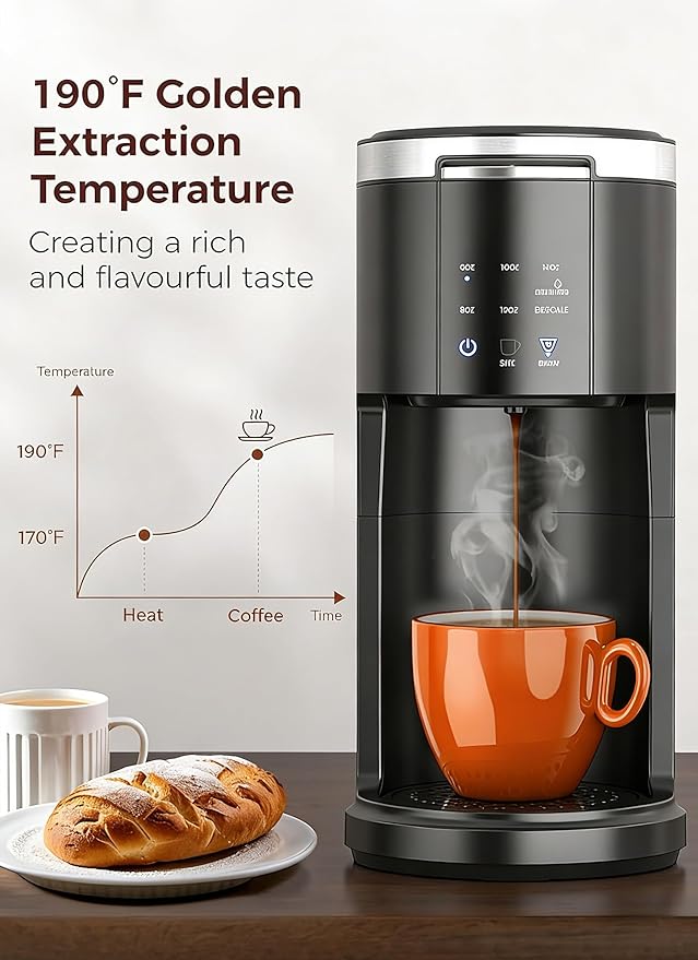 Kndko Single Serve Coffee Maker for K Cups and Ground Coffee, Capsule Coffee Machine, 6 to 14oz Brew Sizes, 40oz Removable Reservoir, Fast Brew, Compact Design, Travel Mug Friendly, Black