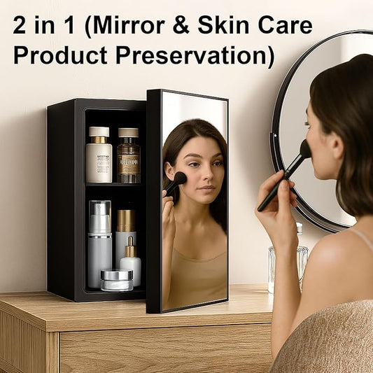 Compact Mini Fridge - 24 Cans/0.95 Cu.Ft Beverage Refrigerator with Mirrored Door & Digital Thermostat, Small Cosmetics Cooler for Skincare, Drinks, Food, Office, Dorm, Black