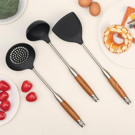 FJNATINH Silicone Wok Spatula,Ladle,Skimmer - Stainless Steel Wok Tools, Wok Utensil - Resistant Cooking Utensils BPA Free Kitchen Utensils Cookware Wooden Handle,3 Pieces