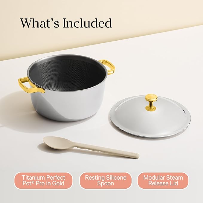 Our Place Titanium Perfect Pot Pro | 6.75 Qt Stock Pot with Lid & Silicone Spoon | PFAS-Free Nonstick, Fully-Clad Tri-Ply Stainless Steel & Aluminum | Induction & Oven-Safe up to 750°F | Gold