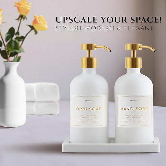 Lotion, Hand & Dish Soap Dispenser for Kitchen & Bathroom | Soap Dispenser Set of 2 16.8 Oz Glass Bottles with Stainless Steel Pump, 15 Water Proof Labels & Silicon Tray (White/Gold)