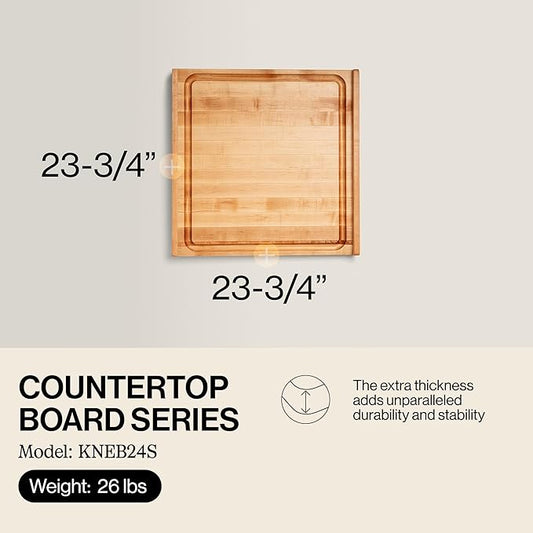 John Boos Countertop Series Rectangular Wooden Maple Cutting Board 23.75”x23.75” – 1.25” Thick, 26-lb Reversible Butcher Block with Juice Groove, Counter Lip & Edge-Grain – Made in the USA