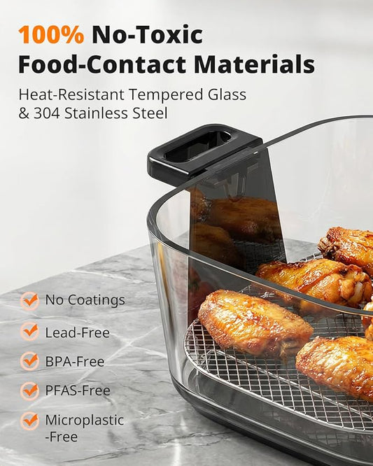 AIRMSEN 6.3 QT Glass Air Fryer Non-Toxic, 4 Presets & Manual Control, 105–400℉ Precise Heat, 95% Less Oil, Auto-Pause & Resume, Microwave & Dishwasher Safe Glass Container for Family Meals