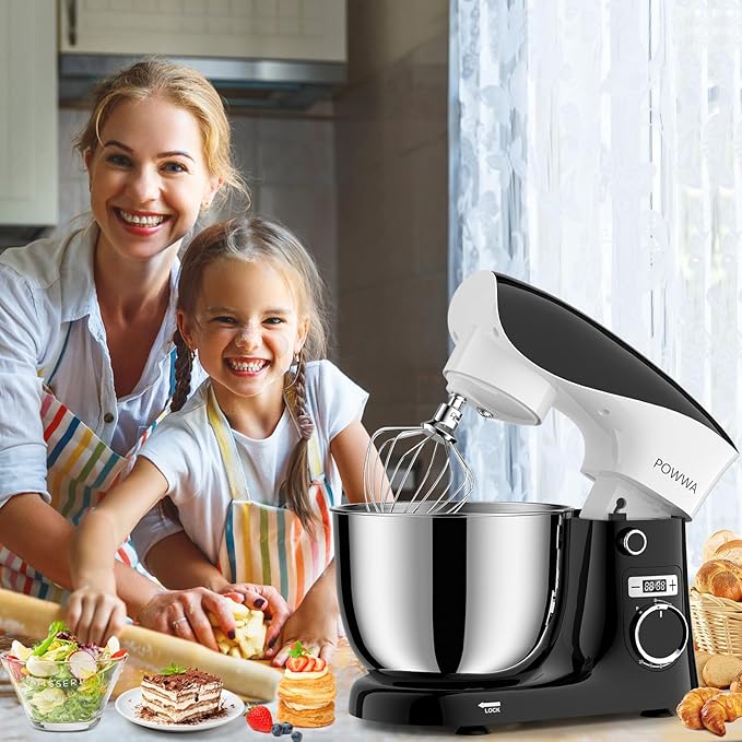 POWWA Stand Mixer, 6.5QT 10 Speeds Tilt-Head Electric Stand Mixer, 3-In-1 Kitchen Mixer with Bowl, Dough Hook, Whisk and Beater, Food Mixer for Baking and Daily Use (BLACK WHITE)