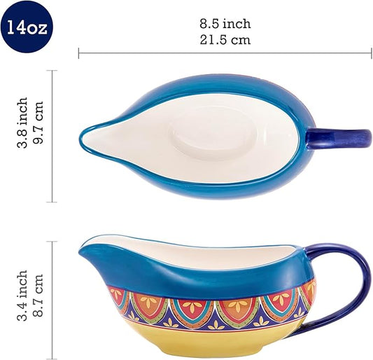 Bico Tunisian 14oz Gravy Boat with Large Handle, Ceramic Sauce Boat for Creamer, Salad Dressings, Broth, Black Pepper Sauce