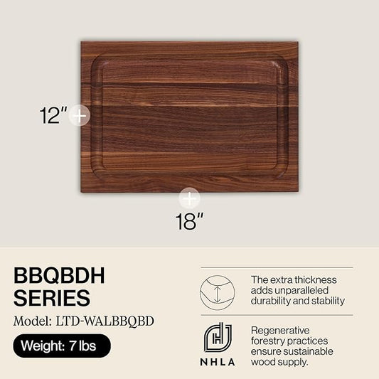 John Boos BBQ Series Rectangular Wooden Walnut Cutting Board 18”x12” – 1.5” Thick, 7-lb Reversible Butcher Block with Juice Groove, Edge-Grain & Finger Grips– Made in the USA