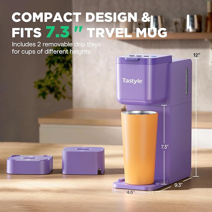 Tastyle Single Serve Coffee Maker Hot and Iced with Bold Brew, Small Coffee Machine for K Cup and Ground, Fits 7.3'' Travel Mug, Brews up to 16 Oz, 5 Cup Sizes, Compact for Office, RV& Hotel, Purple