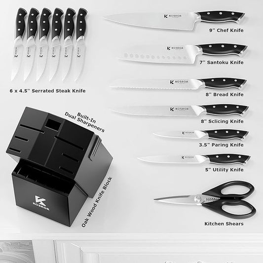 Knife Block Set - KOSROR 15 PCS German Stainless Steel Kitchen Knife Set with Block and Sharpener - Full-Tang Ergonomic Handle Knife Set - Razor Sharp Blades and Dishwasher Safe - ShadowCraft Series