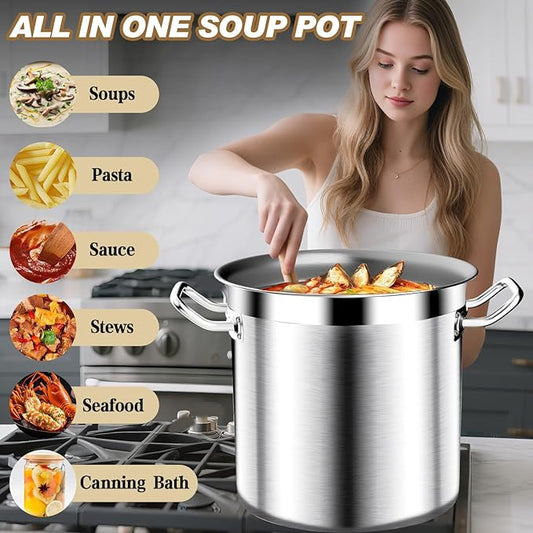 20Qt Brushed Stainless Steel Stock Pot With Lid - Large Stock Pot - Heavy Duty Induction Commercial Grade Stockpots for Soup, Stew, Oven, Gas, Ceramic, and Dishwasher Safe