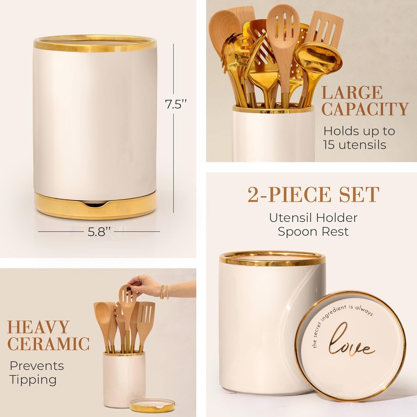 STYLED SETTINGS Beige Utensil holder - Large Ceramic Utensil Crock for Kitchen Counter – Stylish Cooking Utensil Storage & Gold Spoon Rest – Kitchen Organization & Farmhouse Décor