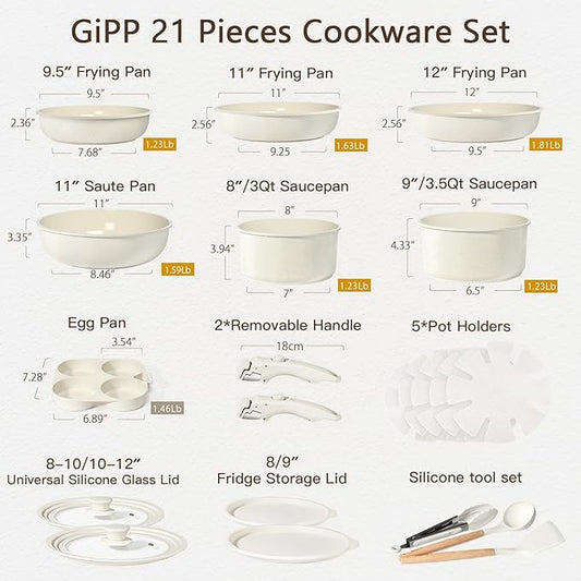 GiPP Ceramic Pots and Pans Set Non Stick, Nonstick Detachable Handle Cookware Sets, Healthy Non Toxic PFAS PFOA & PTFE Free, Dishwasher &Oven Safe, Induction Kitchen Pot and Pan, 21 Piece Cream