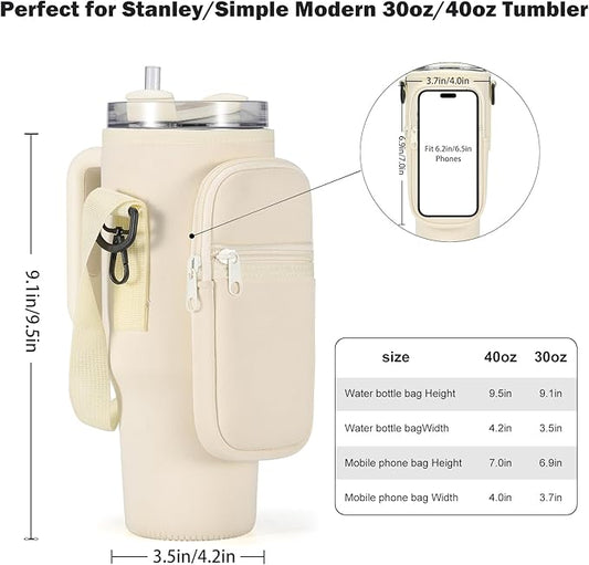 Water Bottle Carrier Bag for Stanley 40/30 oz Tumbler with Phone Pocket Neoprene Water Bottle Holder with Shoulder & Handheld Strap Stanley Cup Accessories