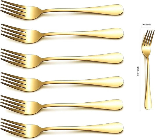 Kyraton Gold Dinner Forks - 6 Piece Set, Stainless Steel, 8.17 Inch, Titanium Plated Wedding Silverware