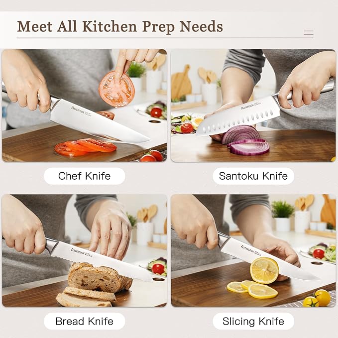 Astercook Knife Set Kitchen with Block and Sharpener Full Tang 15 Pcs Premium Stainless Steel Knives Dishwasher Safe Utensils Set with Ultra Sharp Blade and Anti-slip Ergonomic Handle, Elegant Black