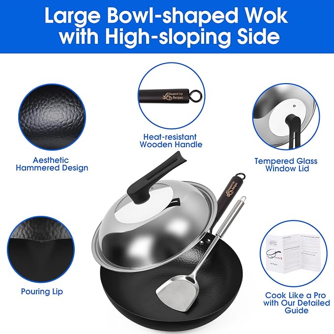 Souped Up Recipes 13.4 Inch Carbon Steel Wok For Electric, Induction and Gas Stoves (Lid, Spatula and User Guide Video Included)