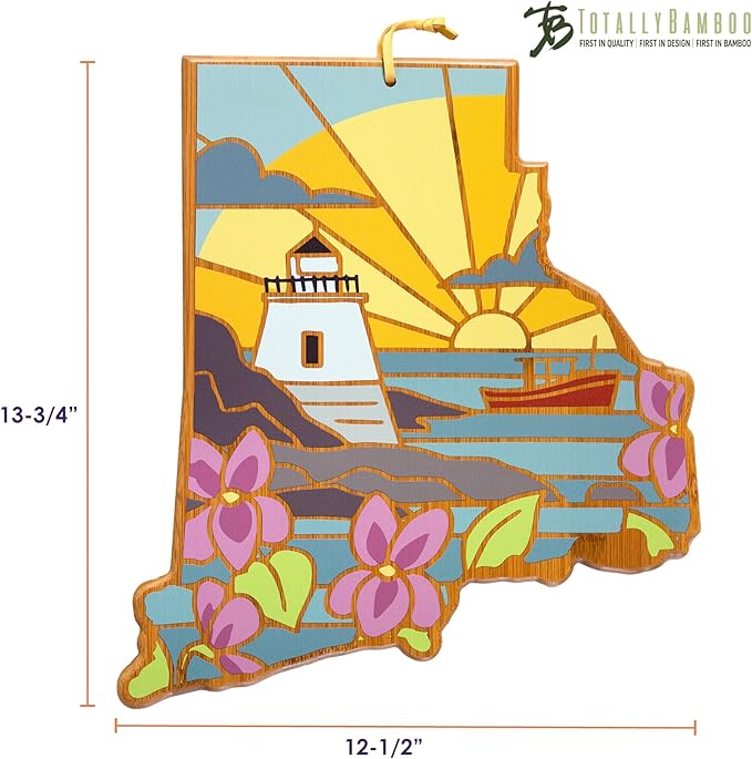 Totally Bamboo Rhode Island State Shaped Cutting Board and Charcuterie Serving Platter with Artwork by Summer Stokes, Includes Hang Tie for Wall Display