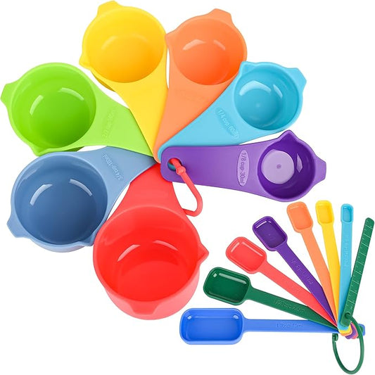 Plastic Measuring Cups and Spoons Set,Dry Measuring cups Set with Spout and Leveler for Kitchen and Baking, BPA free and Dishwasher Safe, Nesting Measuring Cups Colorful Set of 15