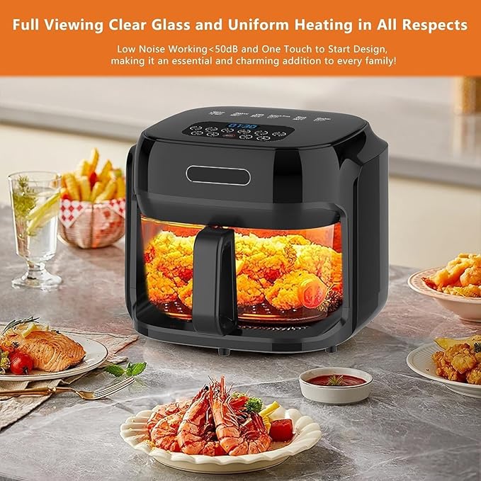 Glass Air Fryer, 7.8QT with Transparent Fry Bowl, Circulating Heating, Temperature Control, Air Fryer Roast, Dishwasher Safe (Black)