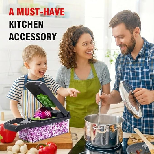 Mandoline Vegetable Chopper Pro, 16-in-1 Kitchen Food Slicer and Dicer with Container, 8 Interchangeable Blades, Gray and Green