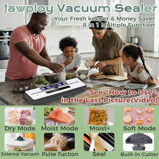 Vacuum Sealer Machine, Powerful Pro Food Sealer Compact Design Food Preservation System High-Speed with Dry/Moist/Moist+/Soft Mode, Starter Kit 15 Bags & Accessory Hose & Bulit-in Cutter