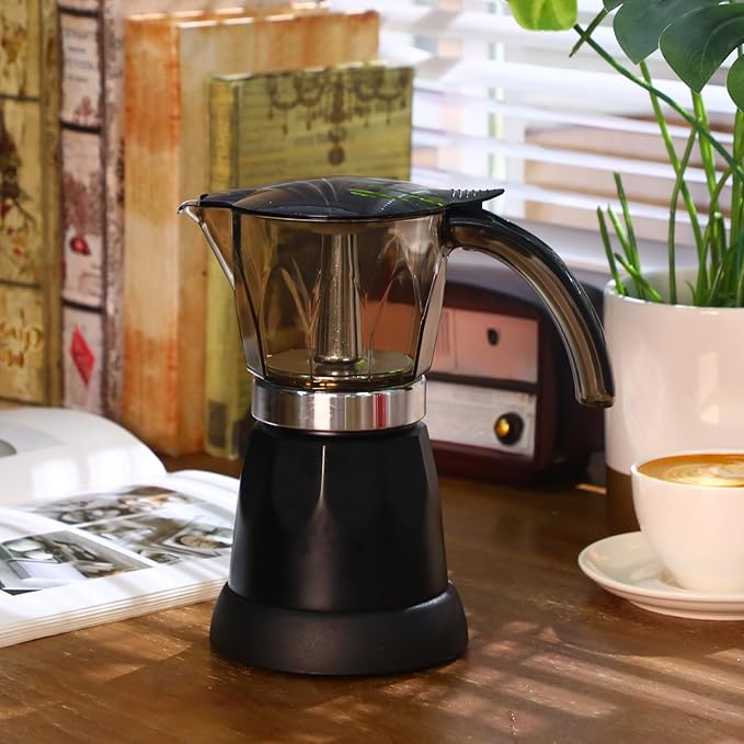 Lemosae Electric Espresso Maker Transparent Coffee Maker Electric Moka Pot Portable Aluminum Espresso Machine Italian Moka Pot with Detachable Base, Coffee Gift for Women Men Home Travel(Black,6 Cup)