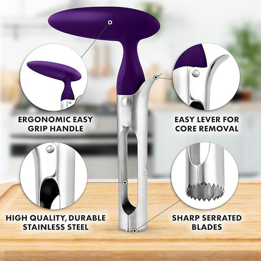 Zulay Kitchen Premium Apple Corer Tool - Ultra Sharp, Stainless Steel, Serrated Blades for Easy Coring - Easy to Use & Clean, Durable Apple Corer Remover for Baking Apples & More - Plum